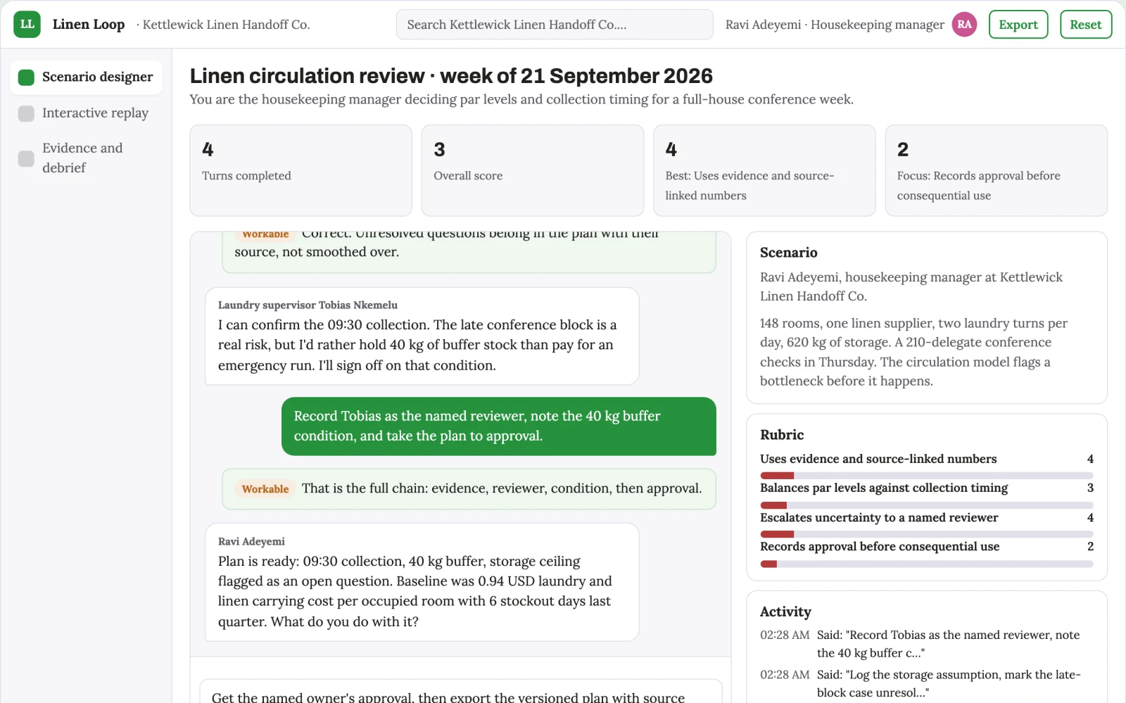 Screenshot of the Hotel linen circulation simulator interactive demo