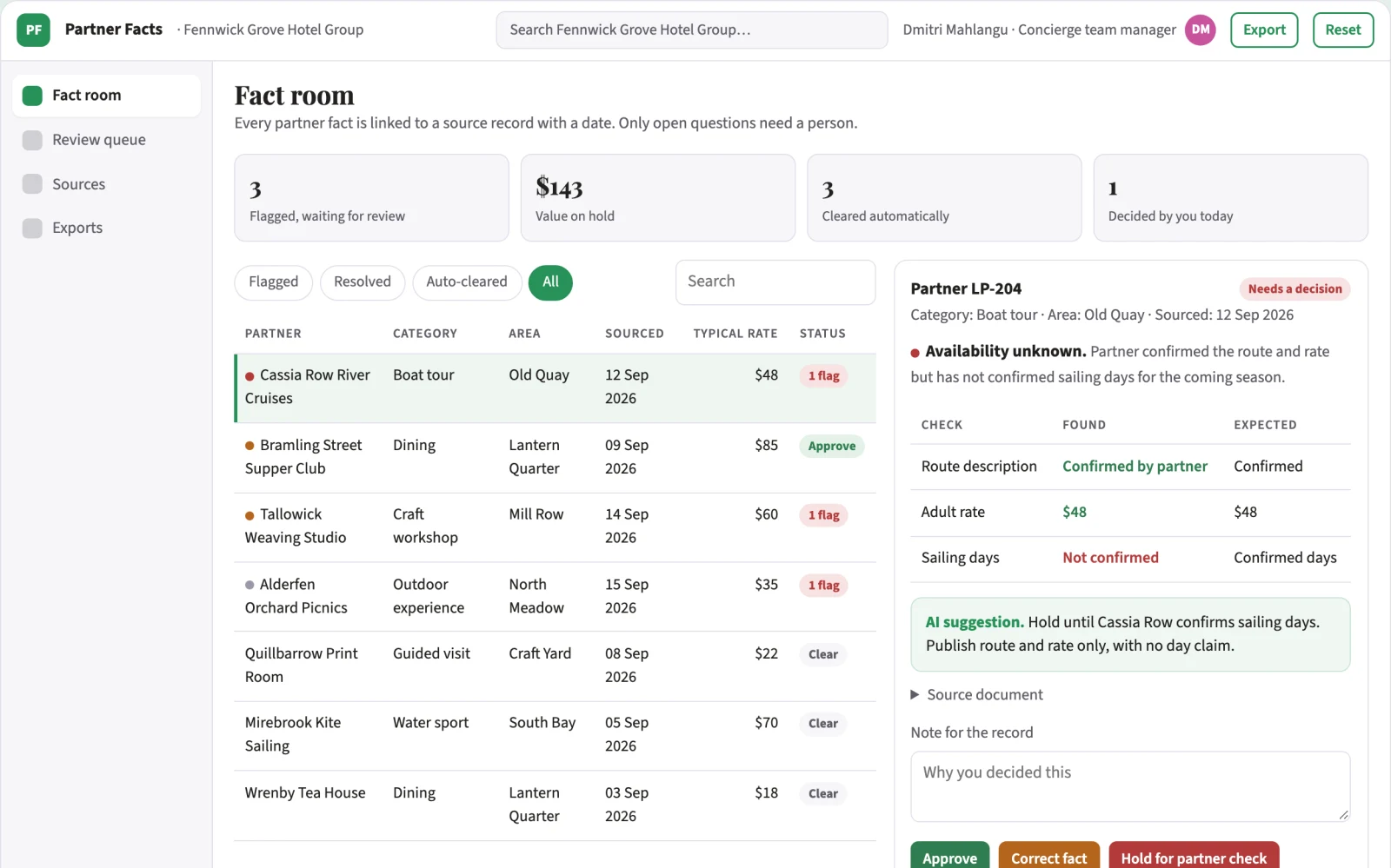 Screenshot of the Hotel local partner fact room interactive demo