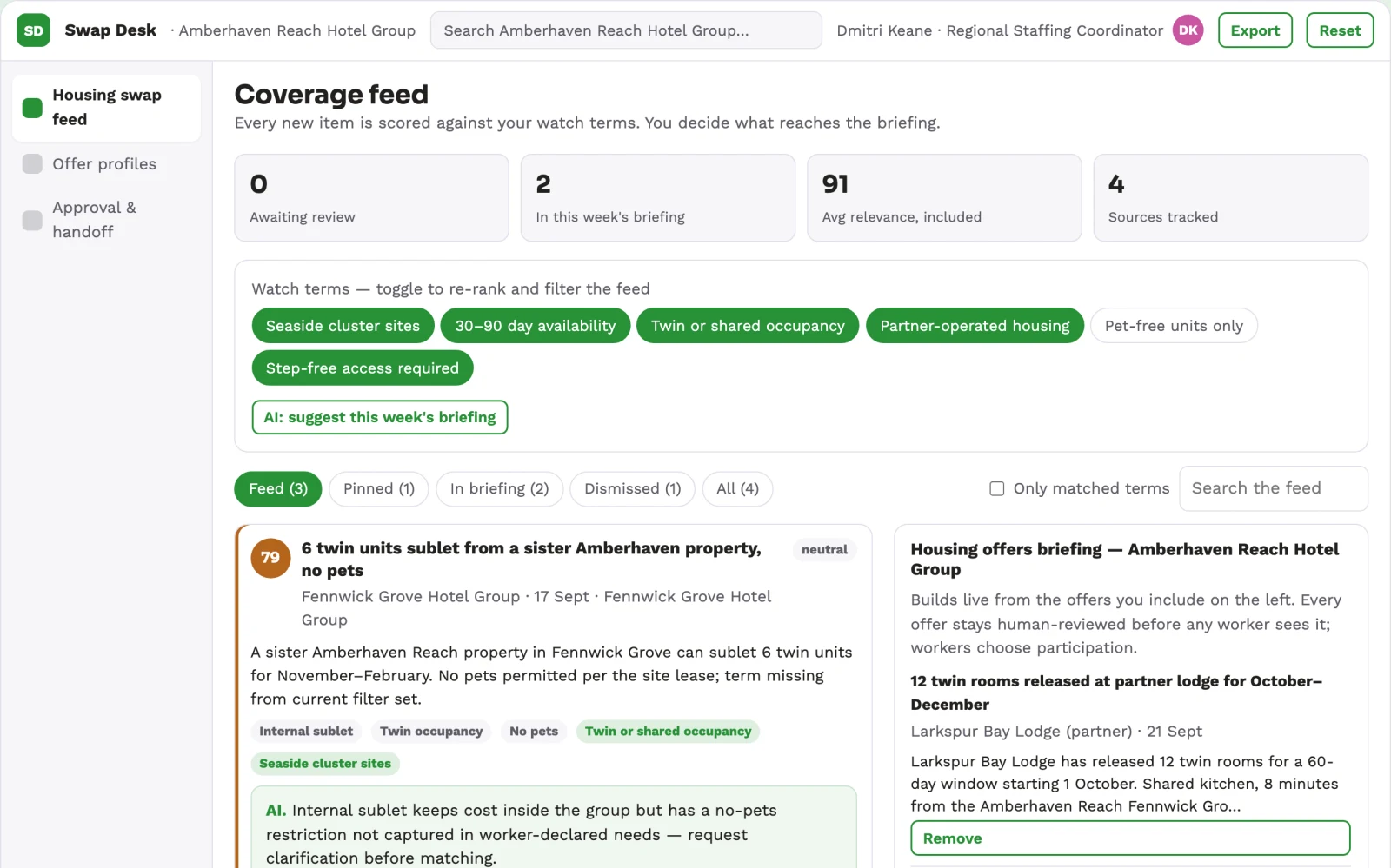 Screenshot of the Hotel staff accommodation swap network interactive demo
