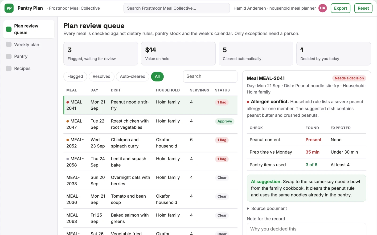 Screenshot of the Household meal planning and grocery coordination portal interactive demo