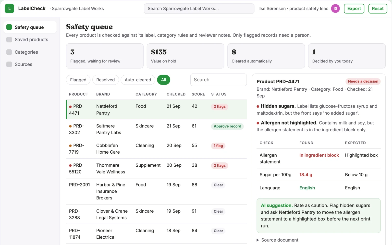 Screenshot of the Household product label safety check console interactive demo