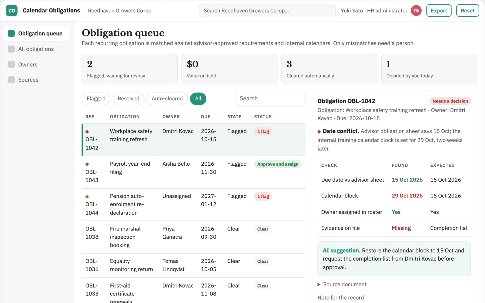 Screenshot of the HR calendar obligation organizer interactive demo