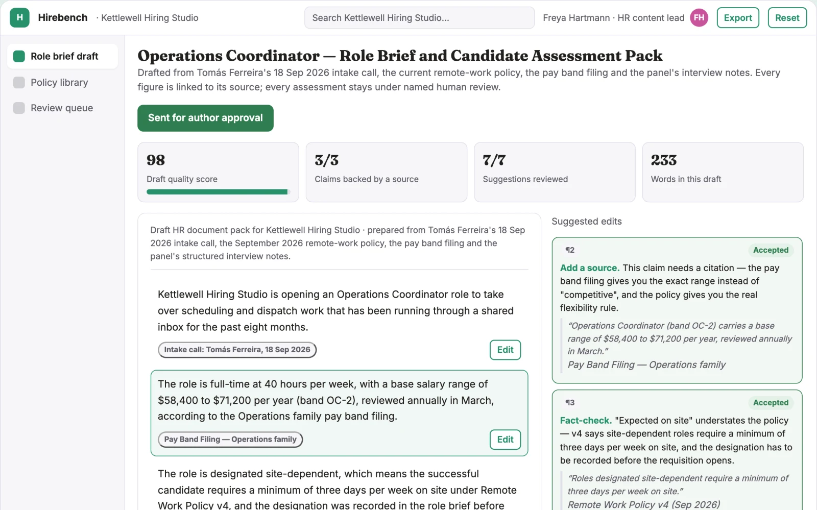 Screenshot of the HR document and hiring content workbench interactive demo