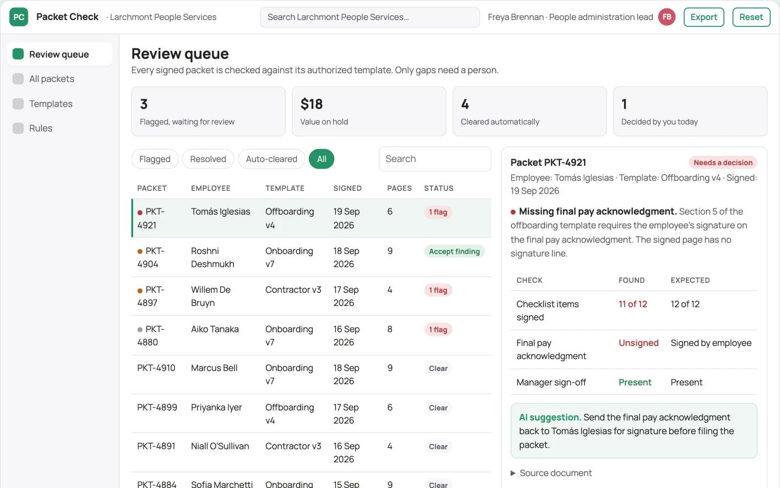 Screenshot of the HR document signature completeness interactive demo