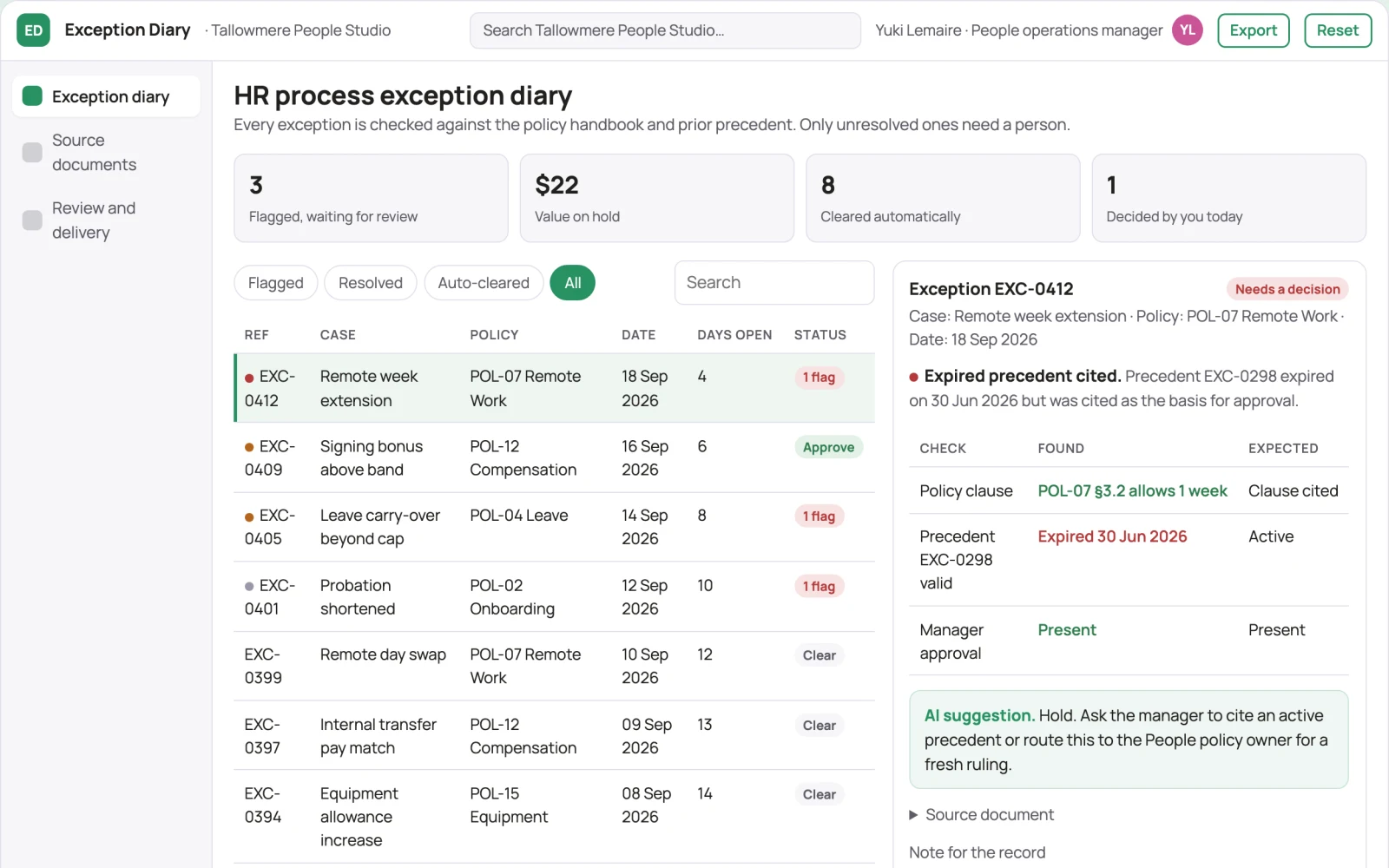 Screenshot of the HR process exception diary interactive demo