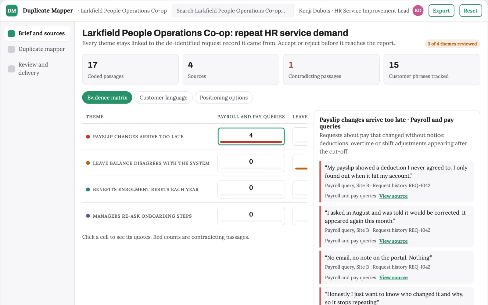 Screenshot of the HR service request duplicate mapper interactive demo