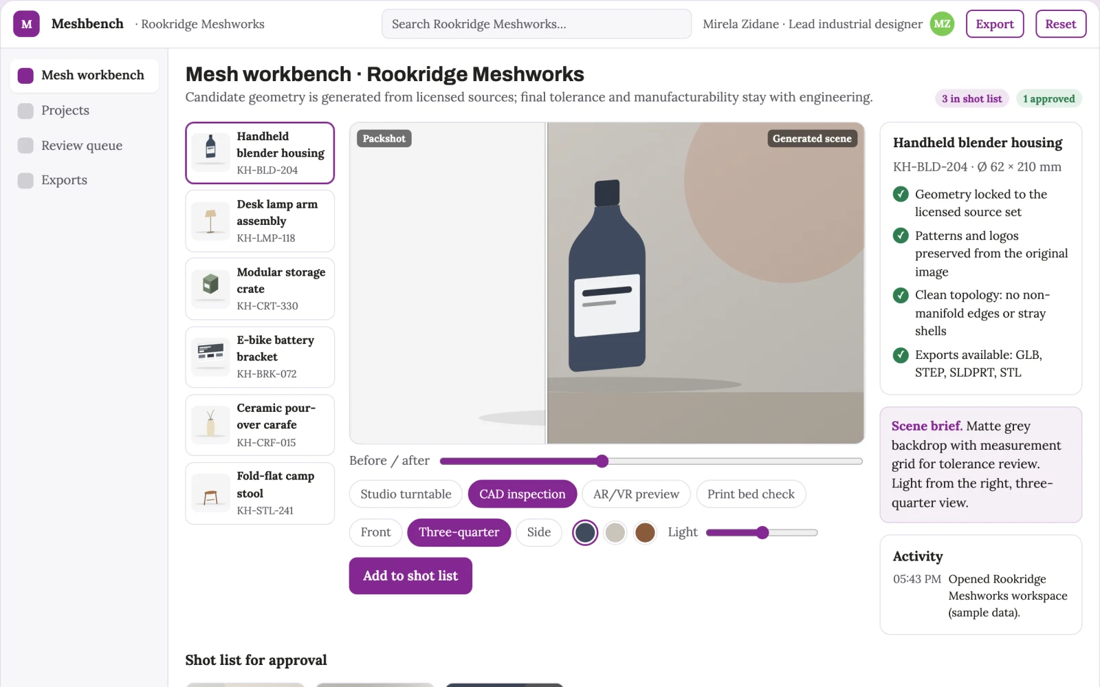 Screenshot of the Image-to-3D production and review workbench interactive demo