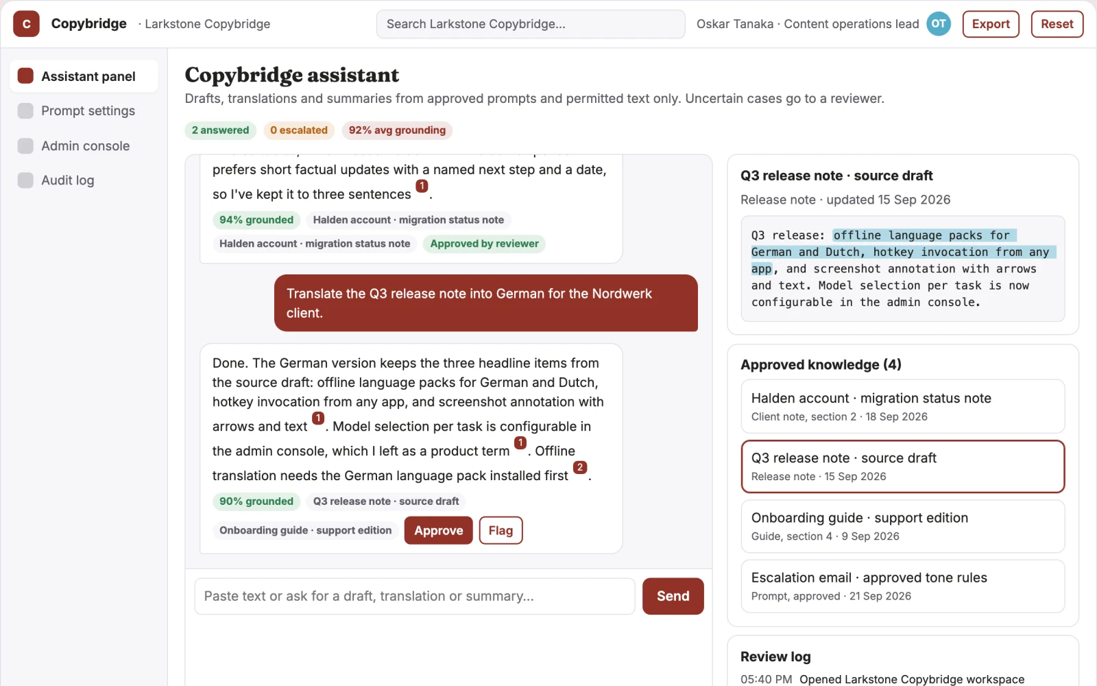Screenshot of the In-app writing assistance and admin console interactive demo
