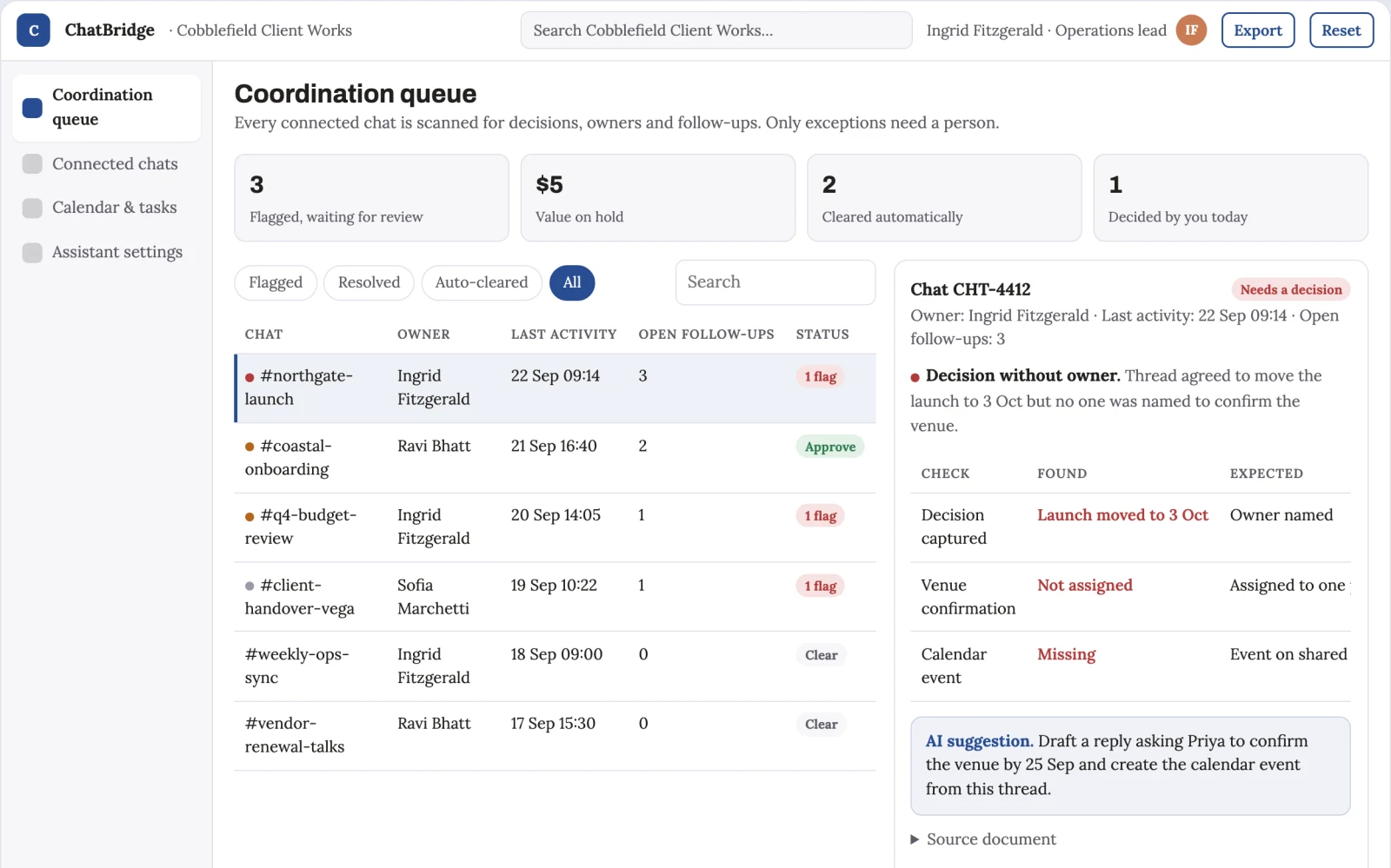 Screenshot of the In-chat AI coordination assistant interactive demo