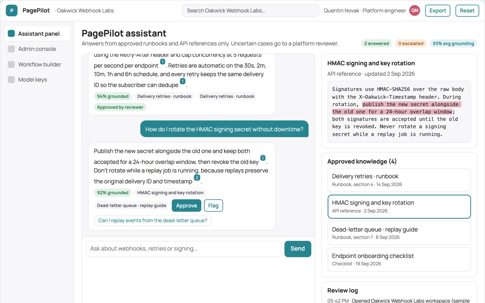 Screenshot of the In-page AI assistant and admin console interactive demo