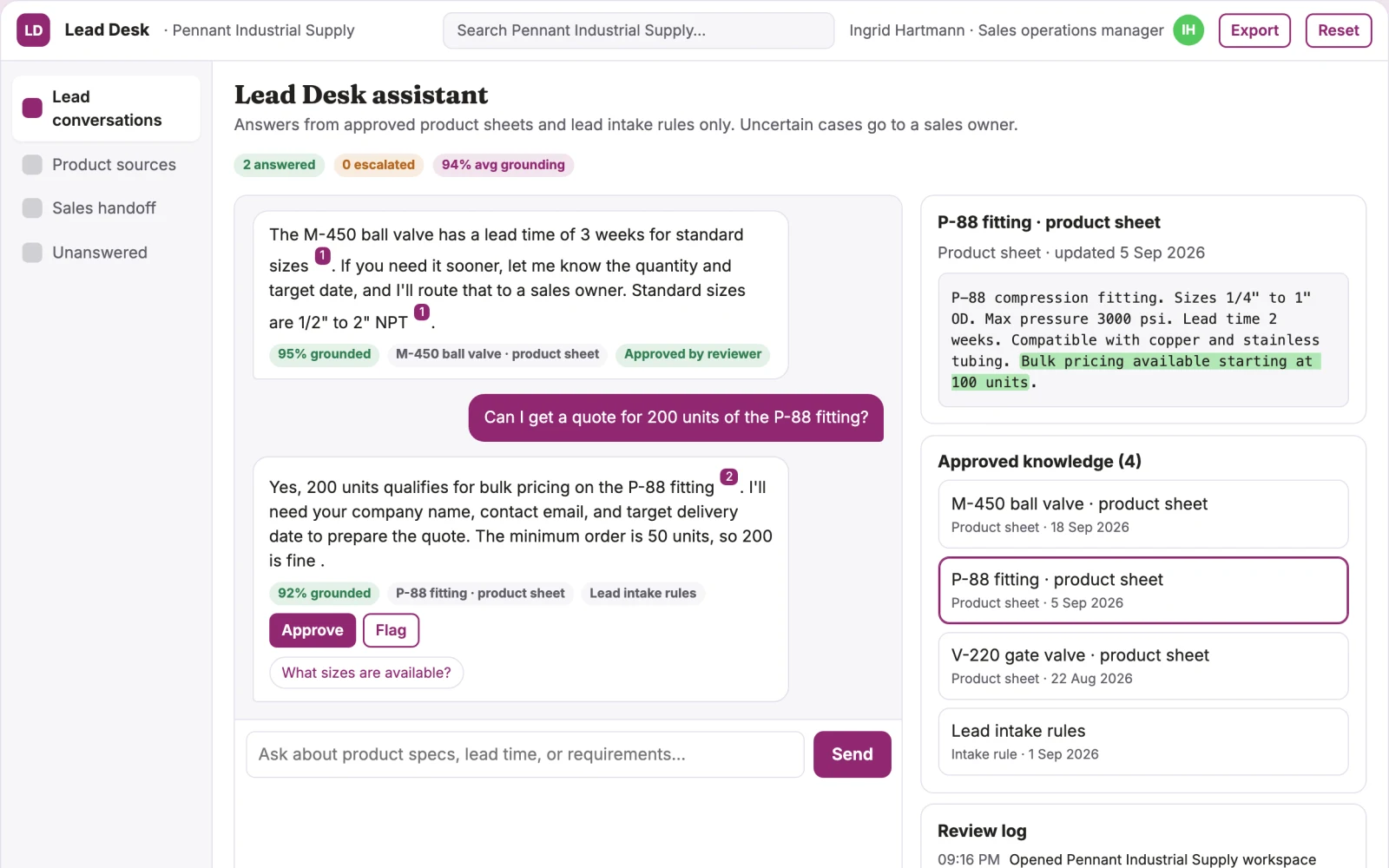 Demo screen of Inbound lead assistant