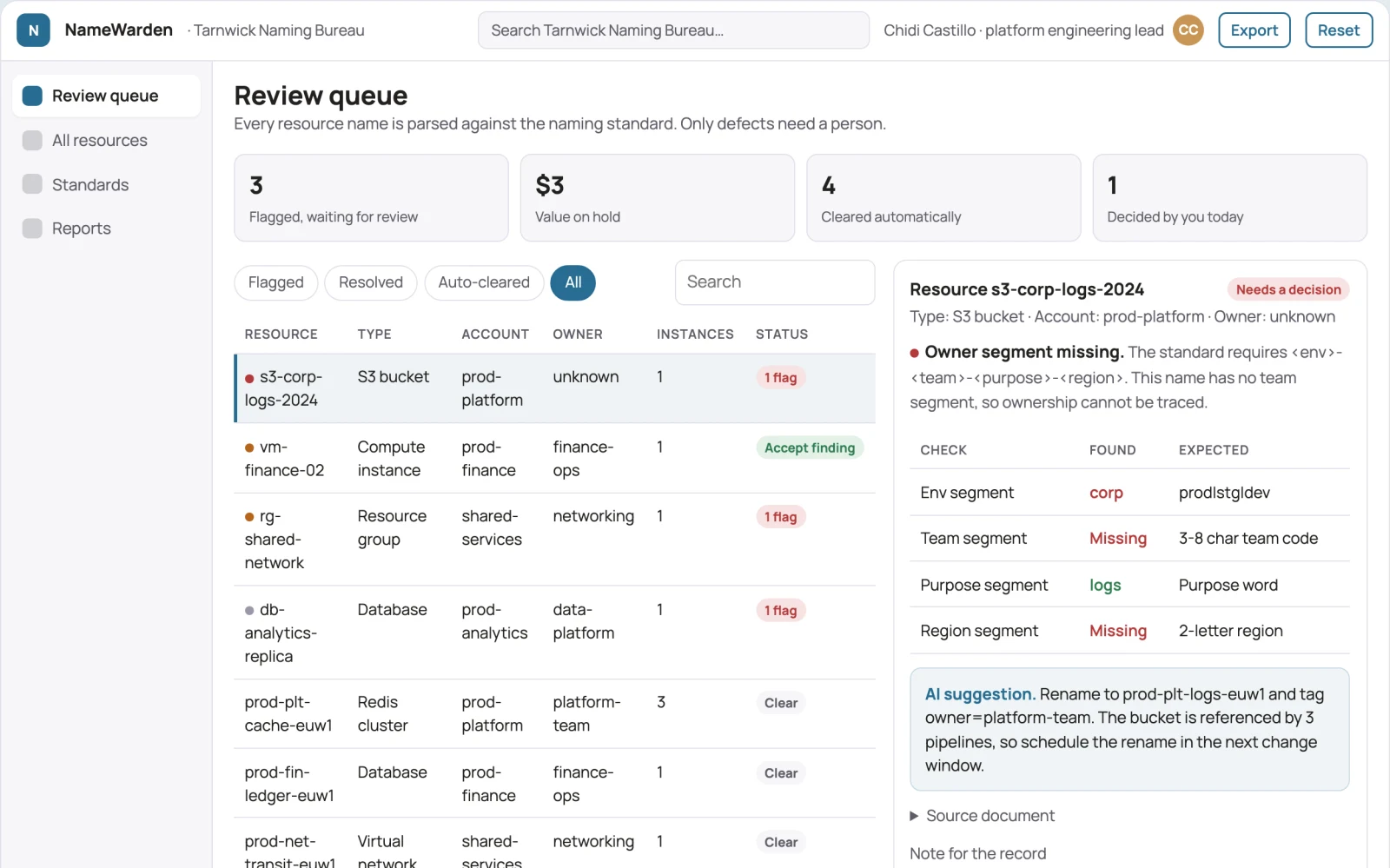 Screenshot of the Infrastructure naming convention reviewer interactive demo