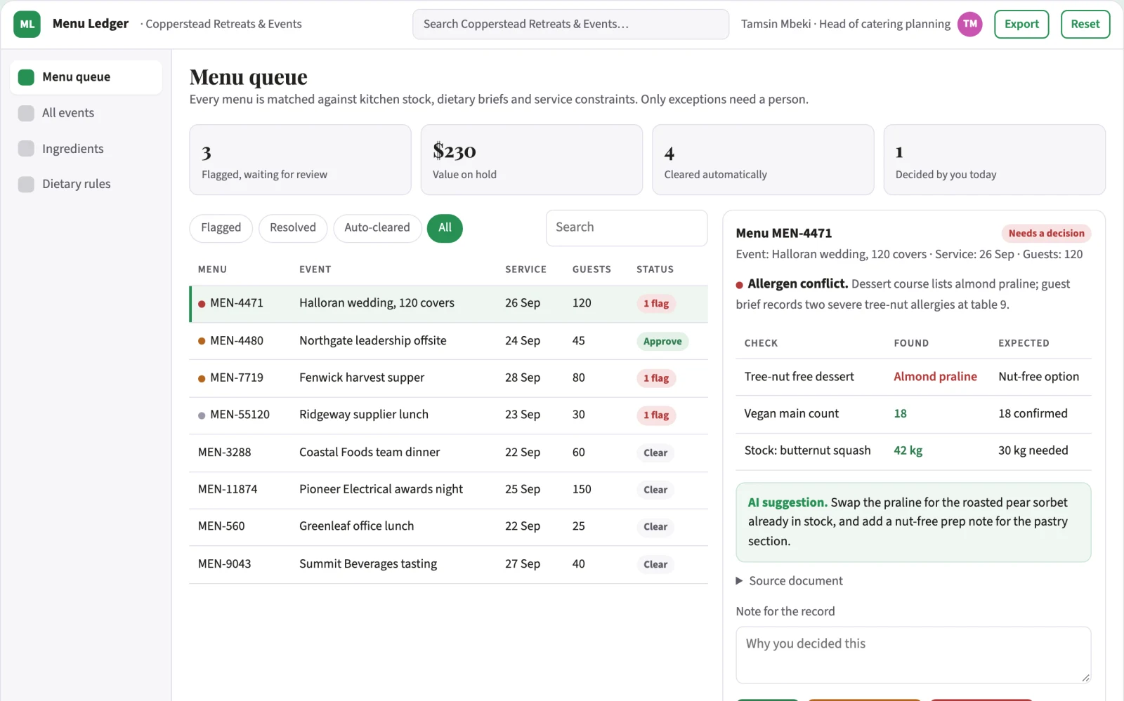 Screenshot of the Ingredient-led menu and dietary plan library interactive demo