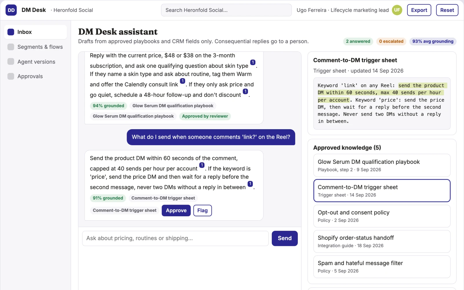 Screenshot of the Instagram DM automation and lead qualification console interactive demo
