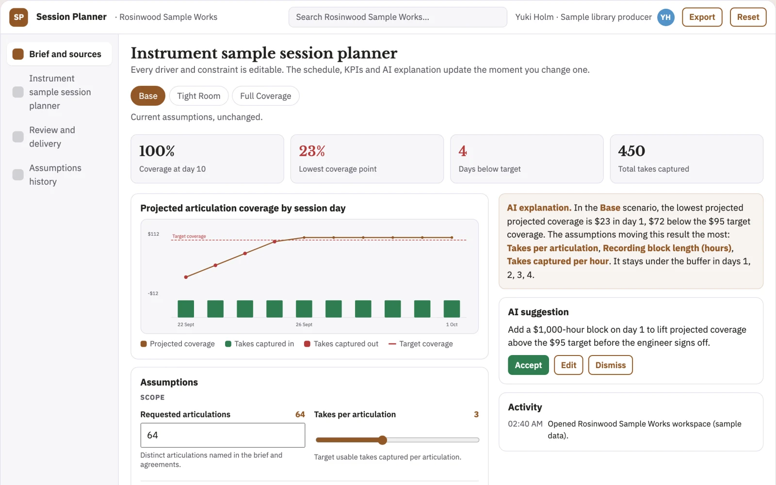 Screenshot of the Instrument sample session planner interactive demo
