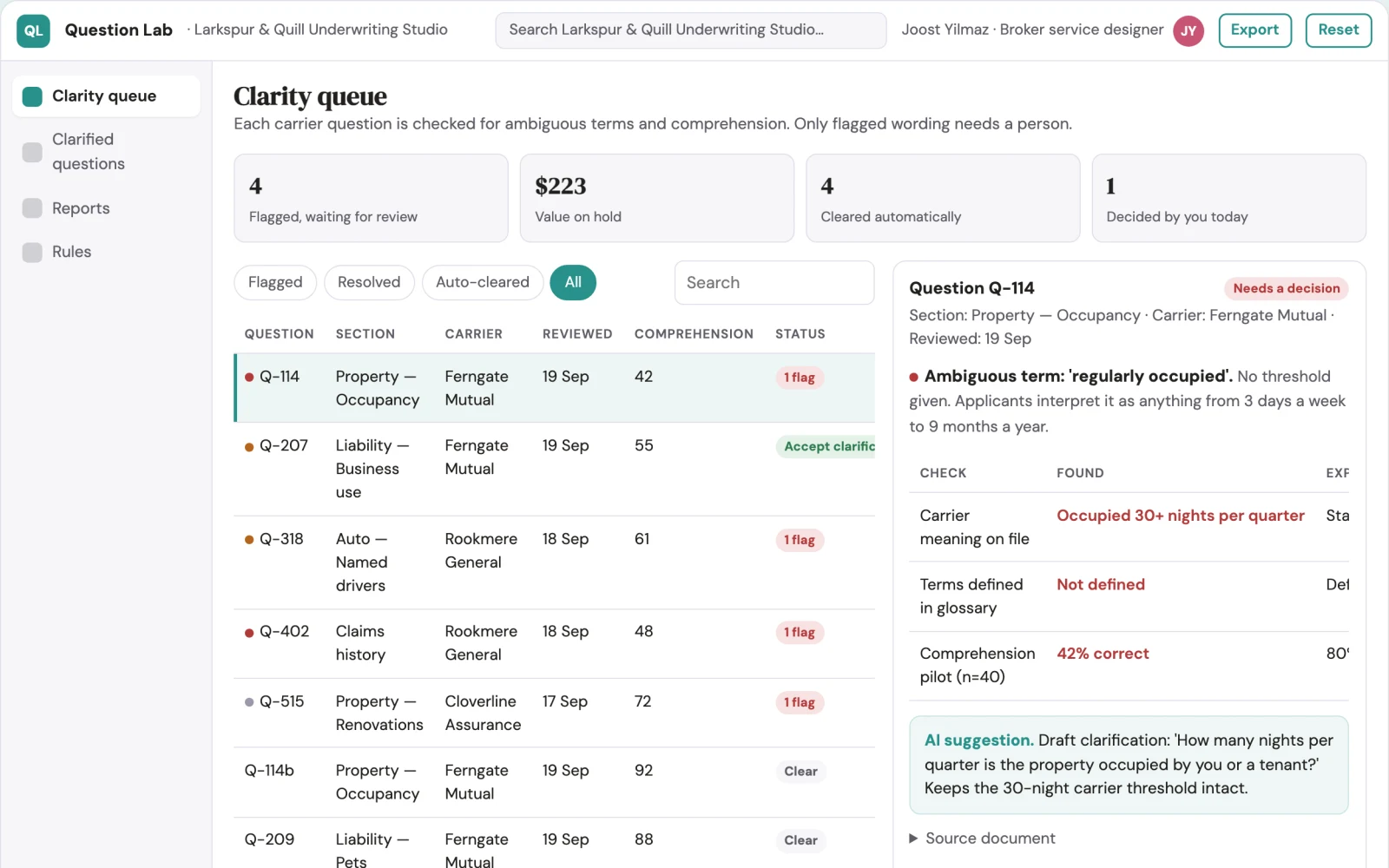Screenshot of the Insurance application question clarity lab interactive demo