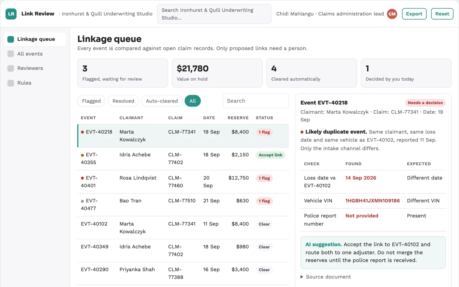 Screenshot of the Insurance claim file duplicate-event resolver interactive demo