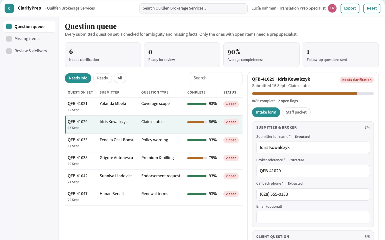 Screenshot of the Insurance client-question translation prep interactive demo