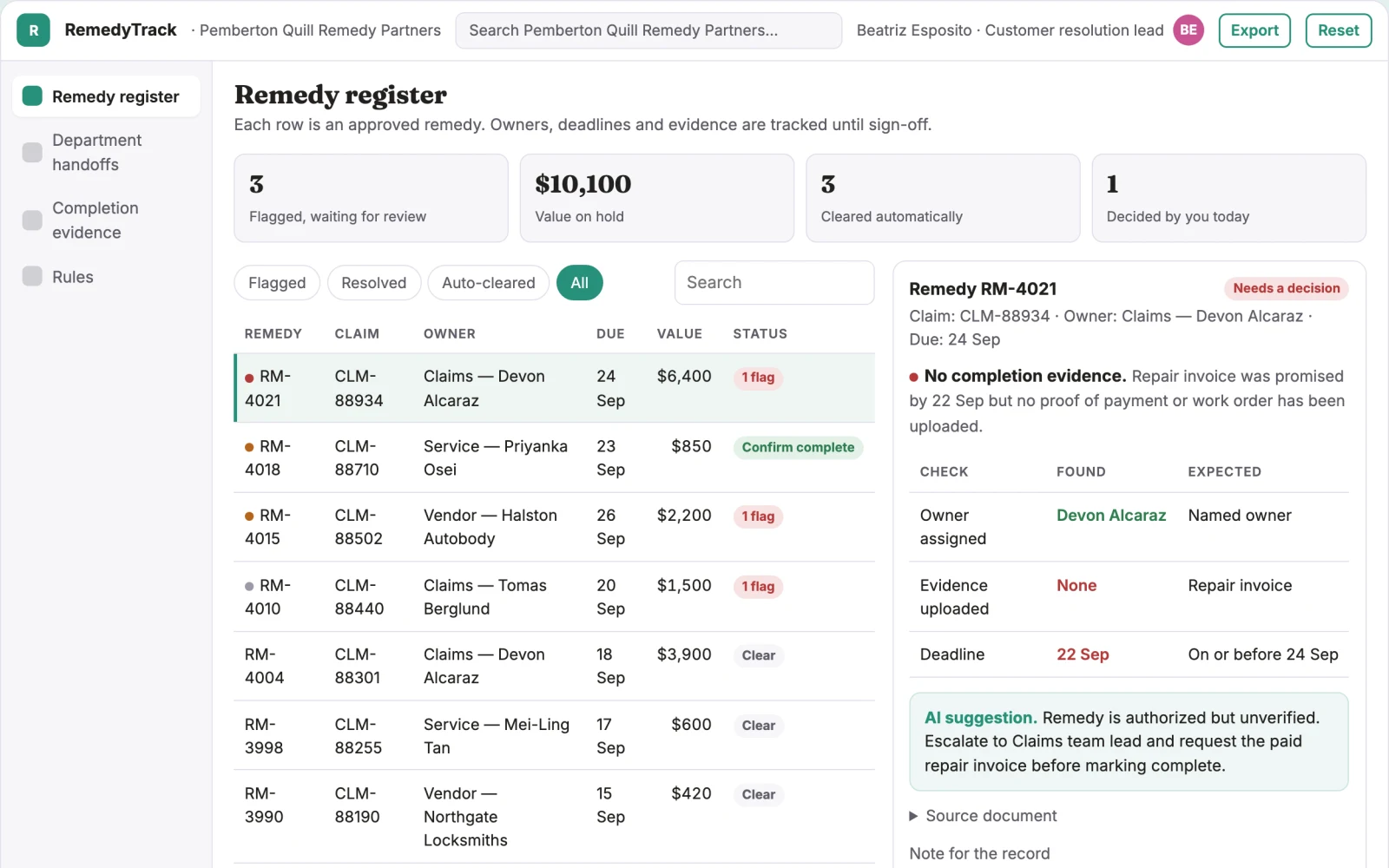 Screenshot of the Insurance complaint remedy follow-through interactive demo