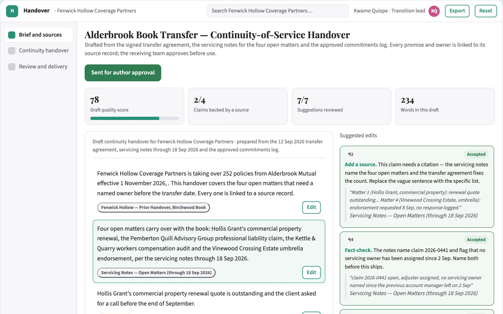 Screenshot of the Insurance continuity-of-service handover interactive demo