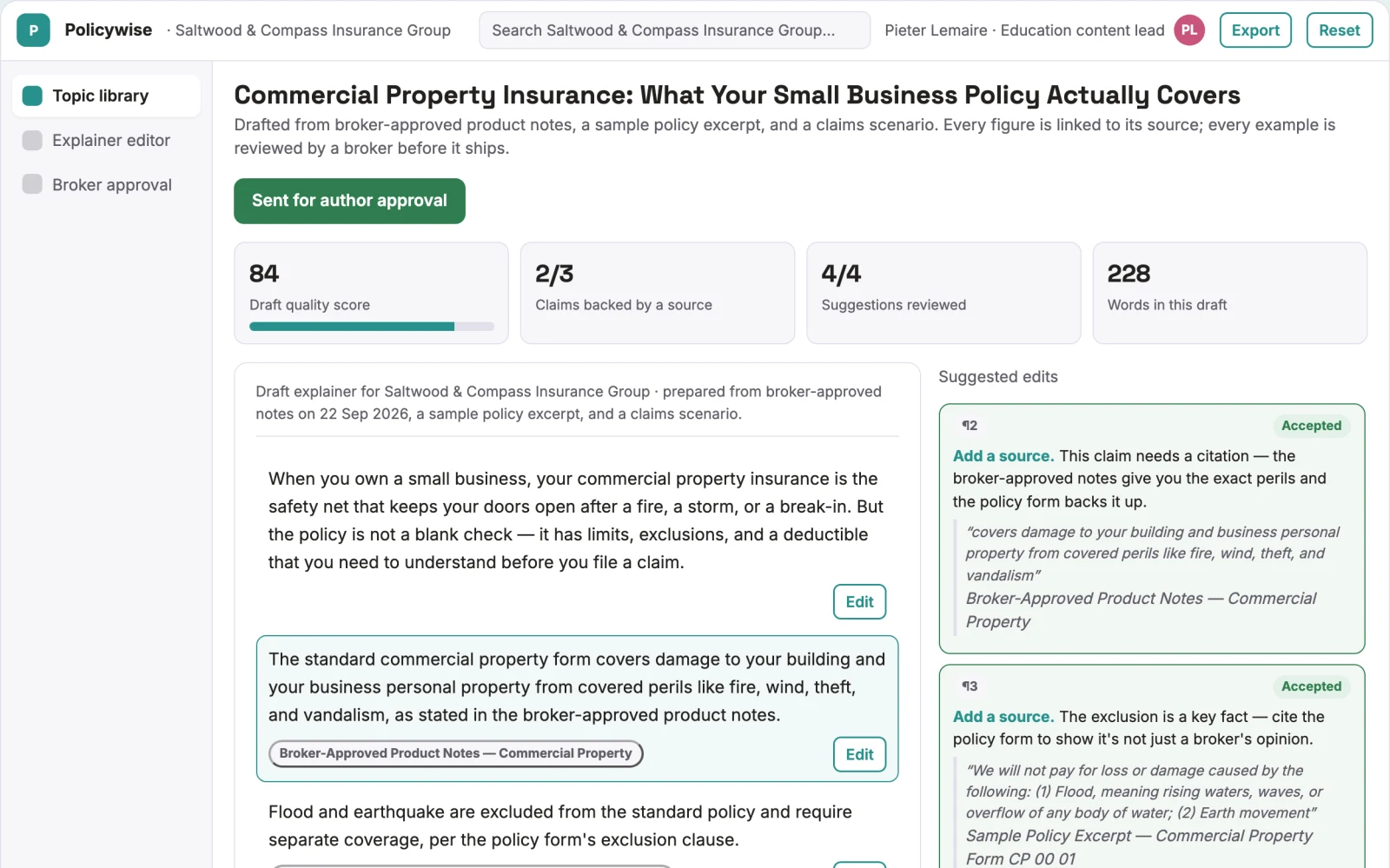 Demo screen of Insurance customer education studio