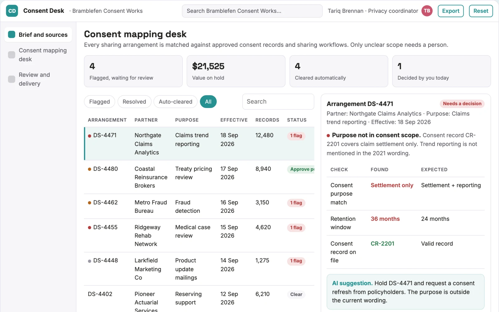 Screenshot of the Insurance data consent mapping desk interactive demo