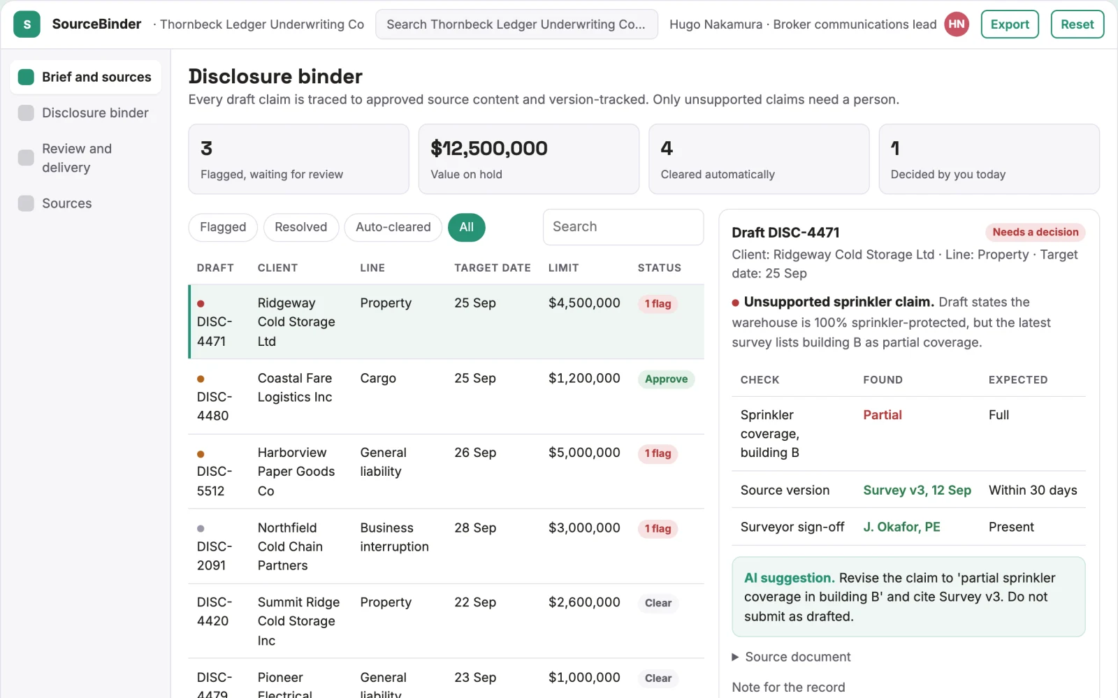 Screenshot of the Insurance disclosure draft source binder interactive demo