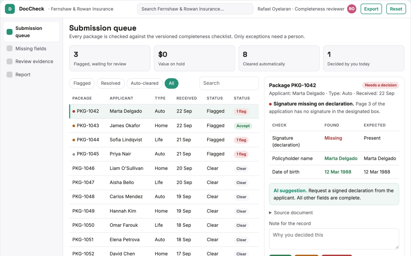 Demo screen of Insurance document completeness checker