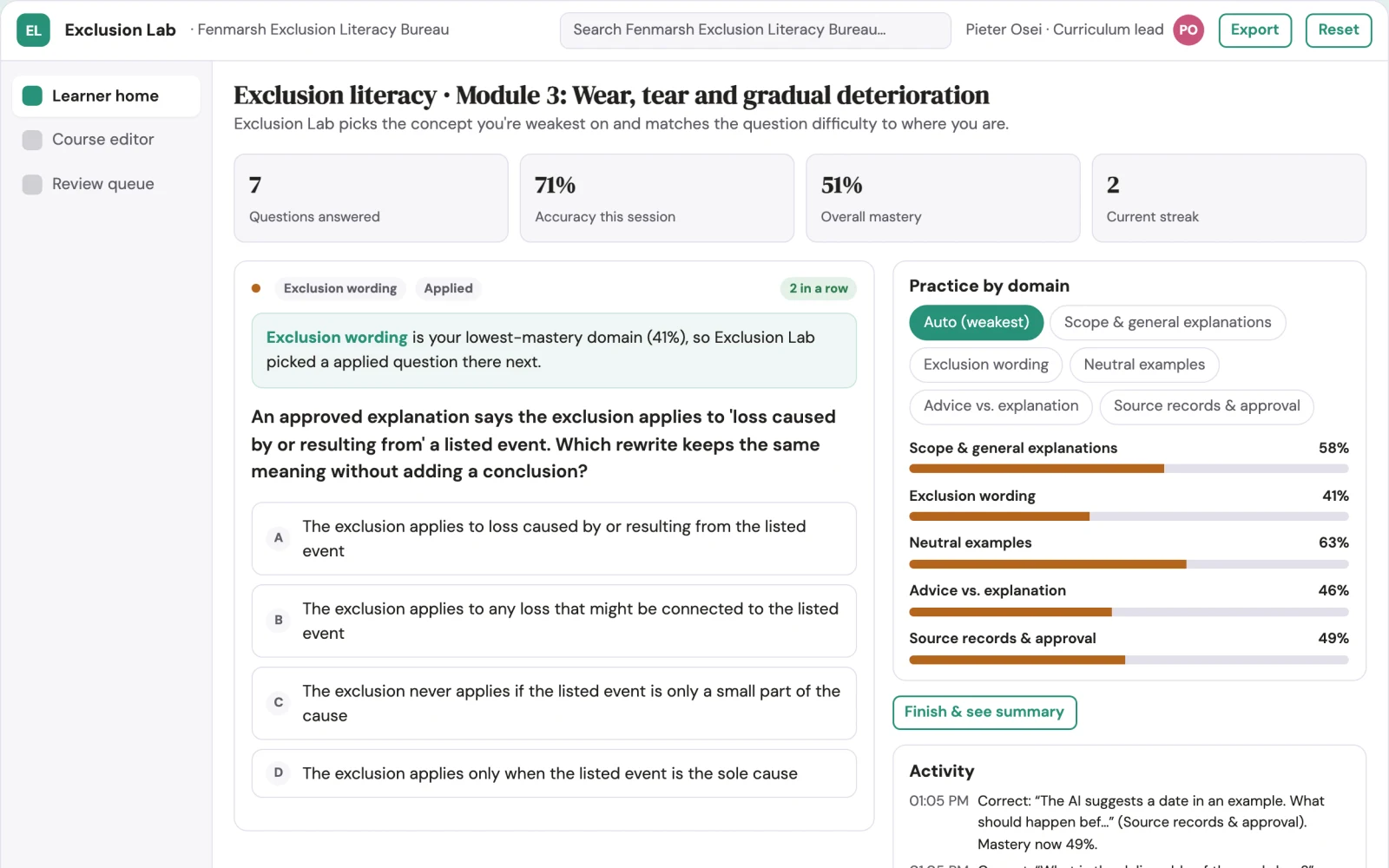 Screenshot of the Insurance exclusion literacy workshop interactive demo