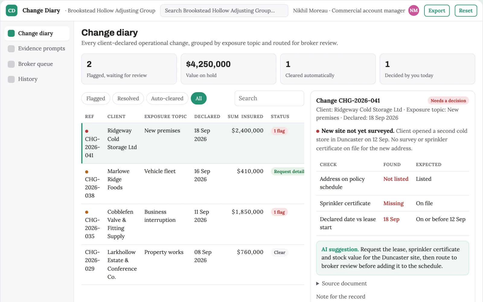 Screenshot of the Insurance exposure change diary interactive demo