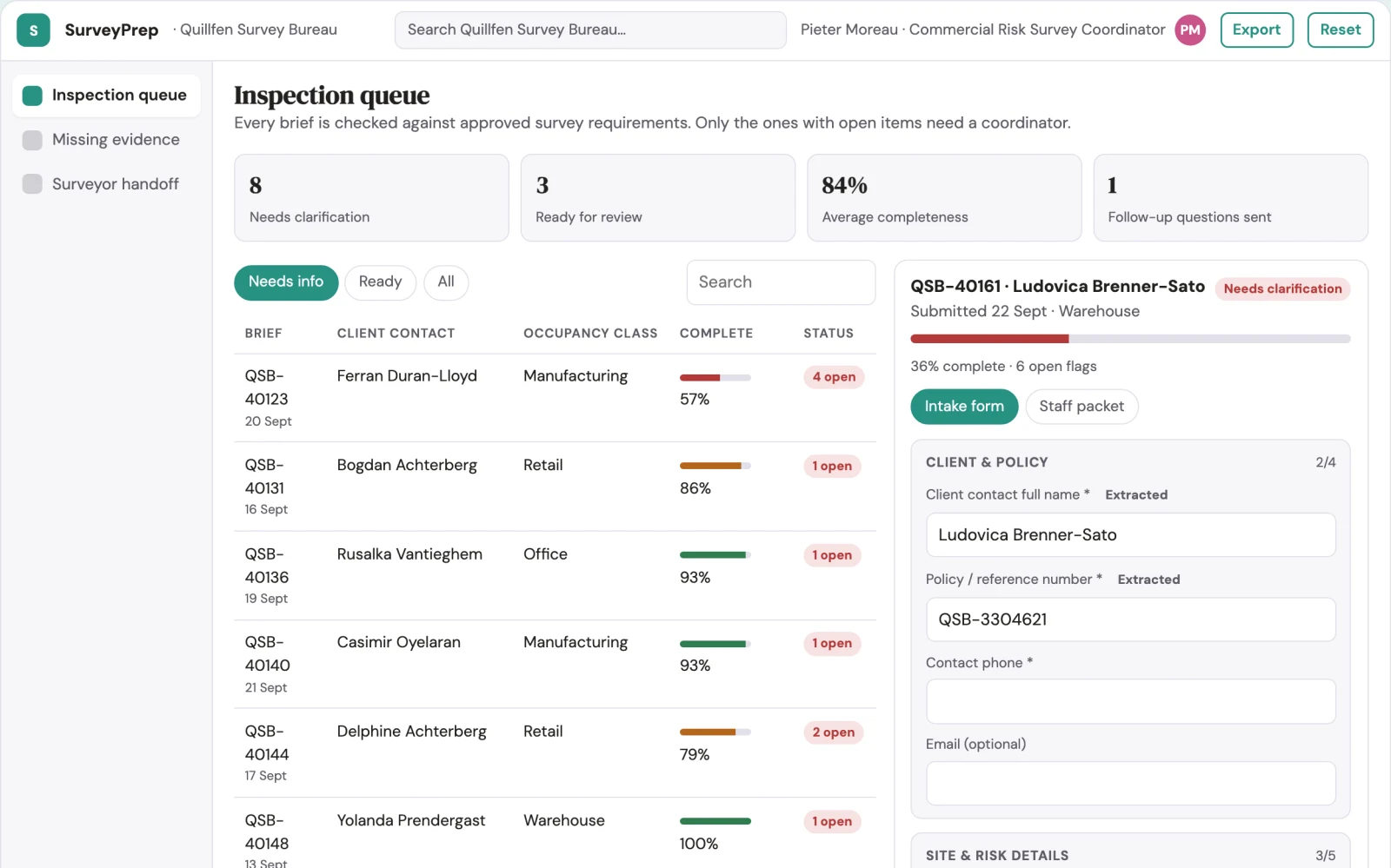 Screenshot of the Insurance inspection question organizer interactive demo
