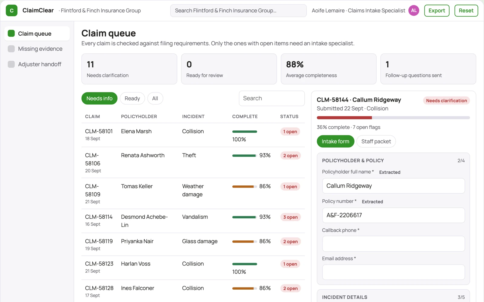 Demo screen of Insurance paperwork organizer