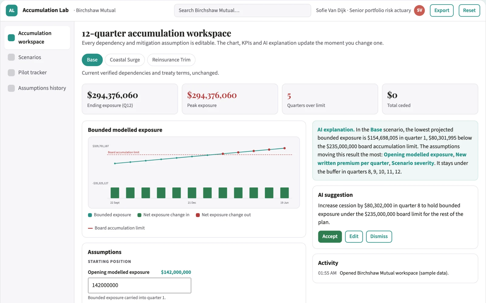 Screenshot of the Insurance portfolio accumulation scenario lab interactive demo