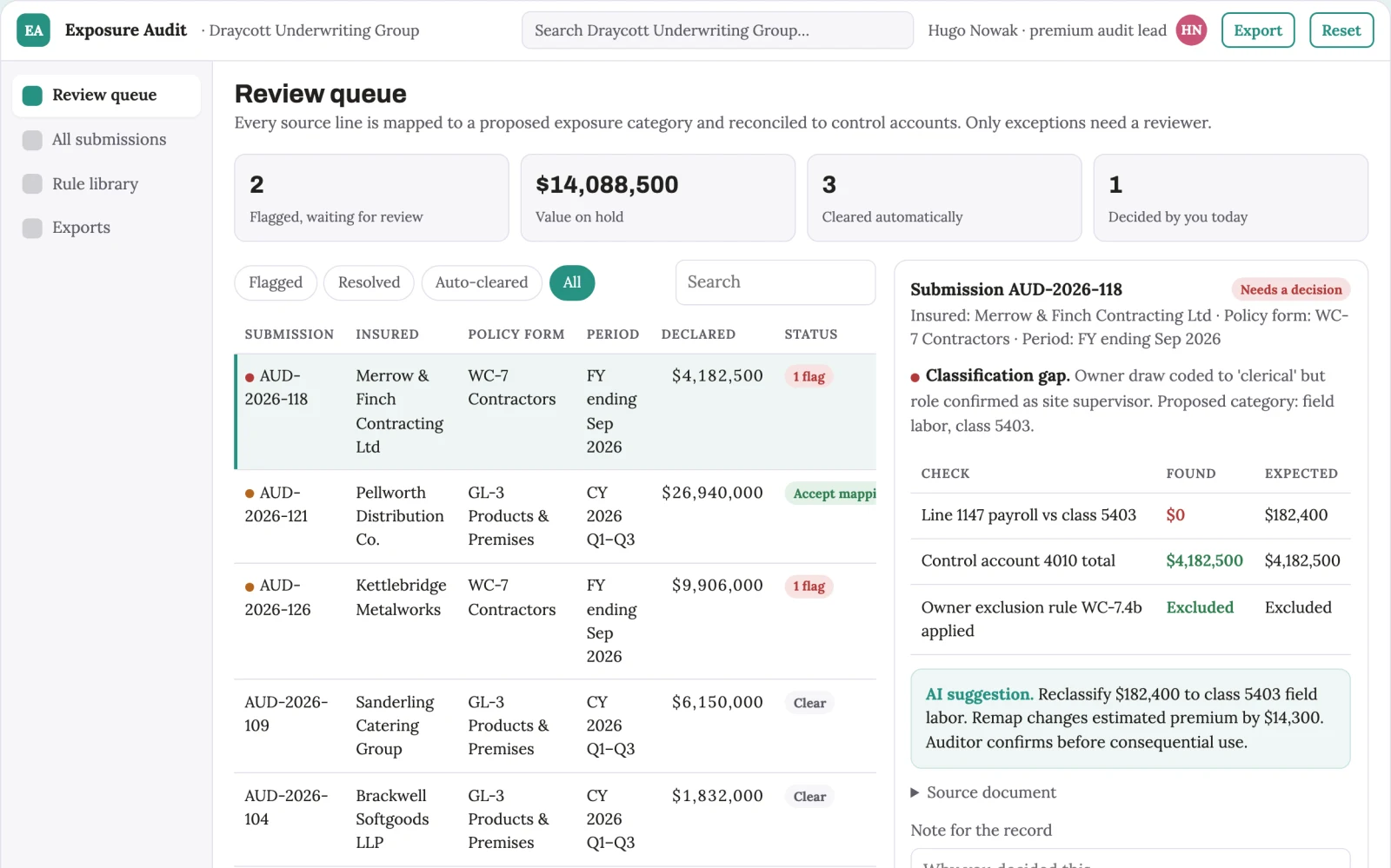 Screenshot of the Insurance premium audit exposure workbench interactive demo