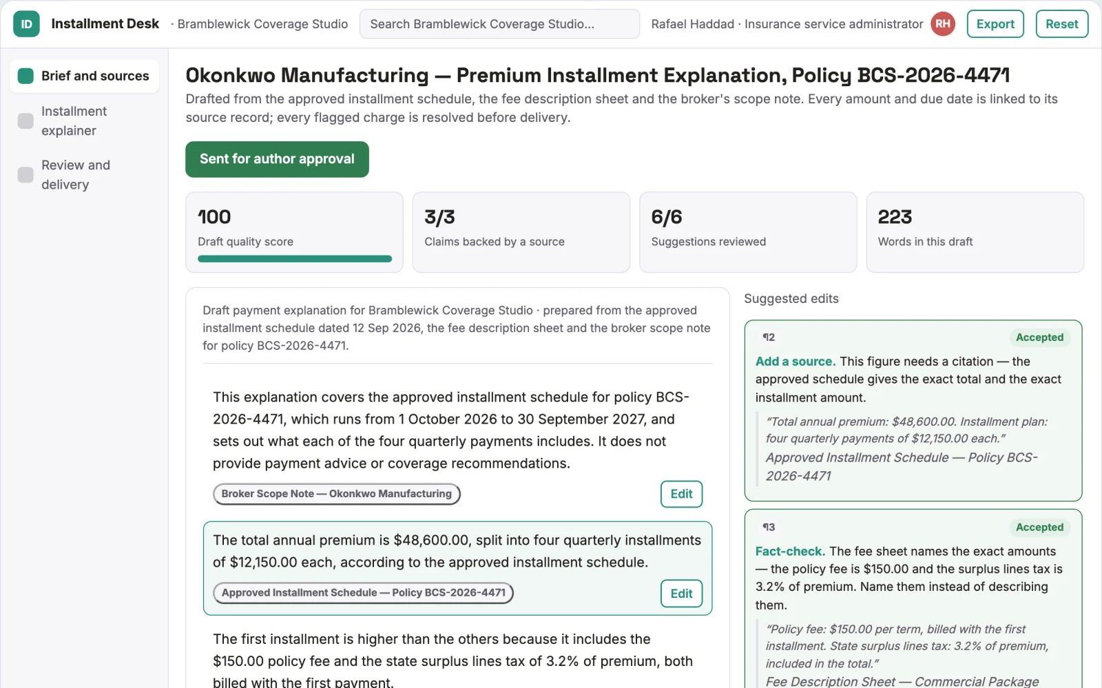 Screenshot of the Insurance premium installment explainer interactive demo
