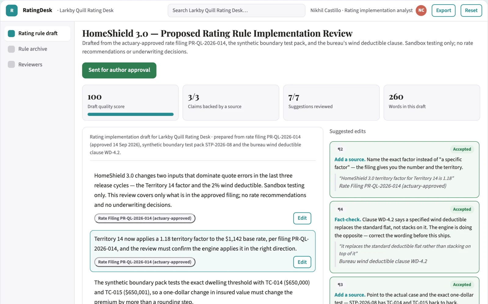 Screenshot of the Insurance product rating-rule test factory interactive demo