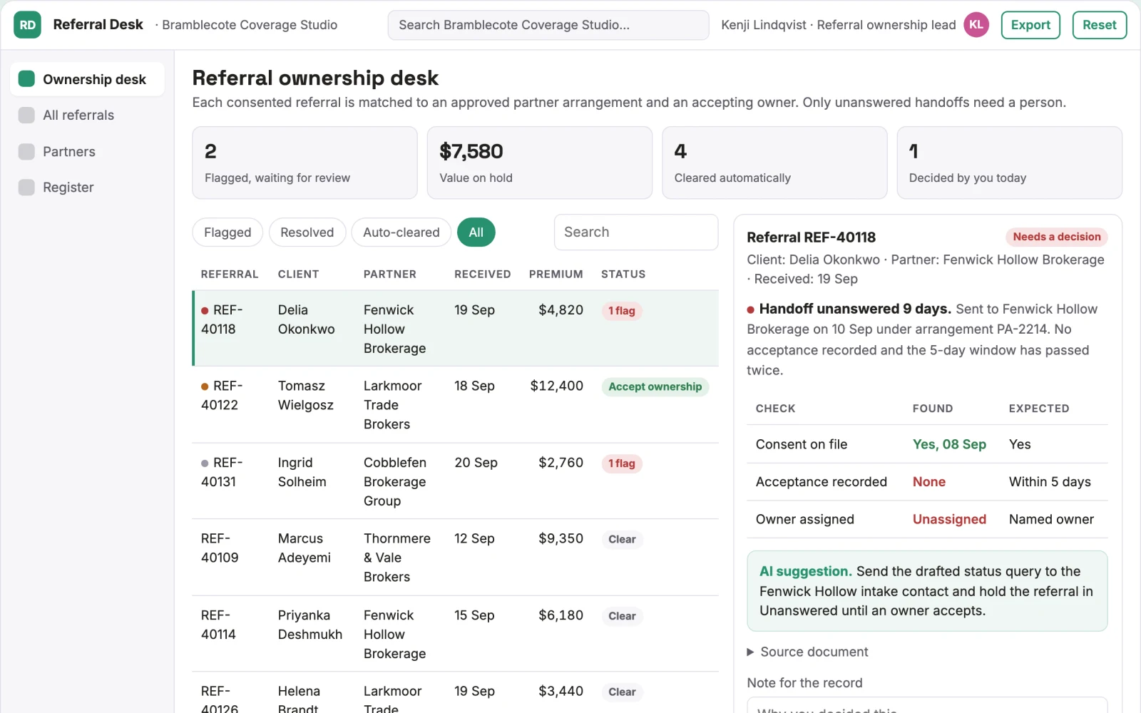 Screenshot of the Insurance referral ownership desk interactive demo