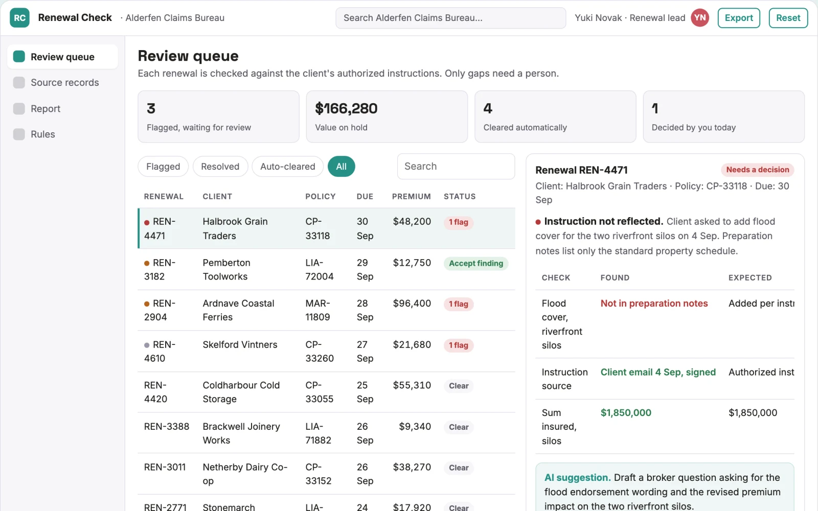 Screenshot of the Insurance renewal instruction checker interactive demo