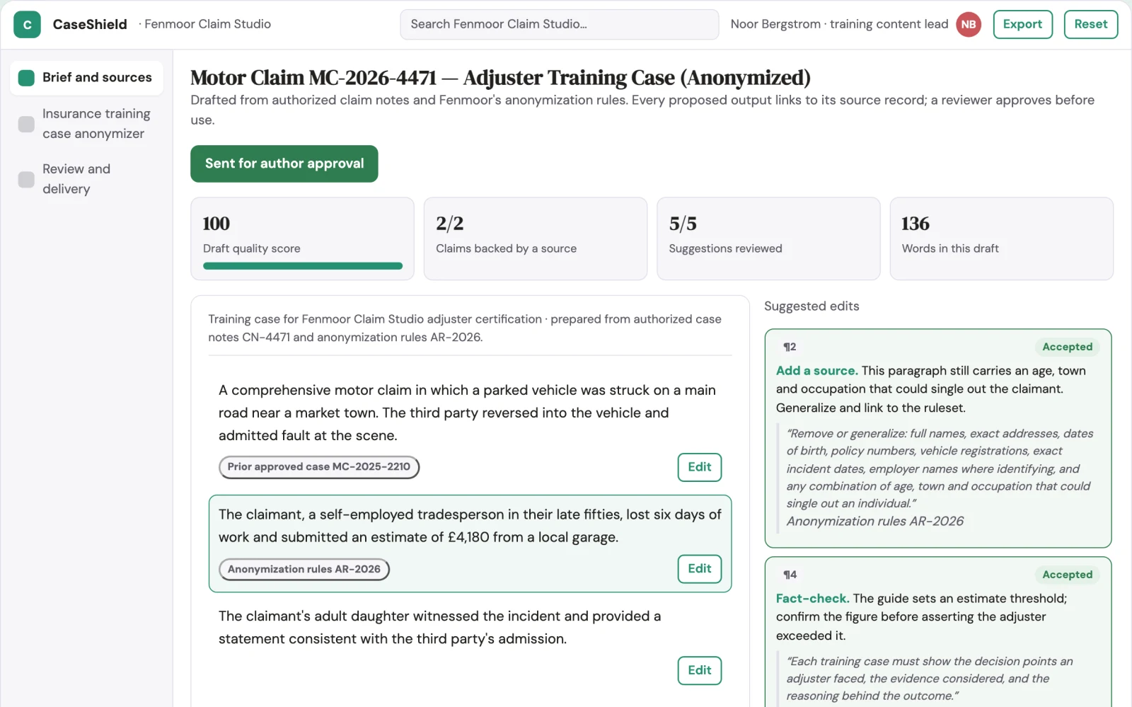 Screenshot of the Insurance training case anonymizer interactive demo