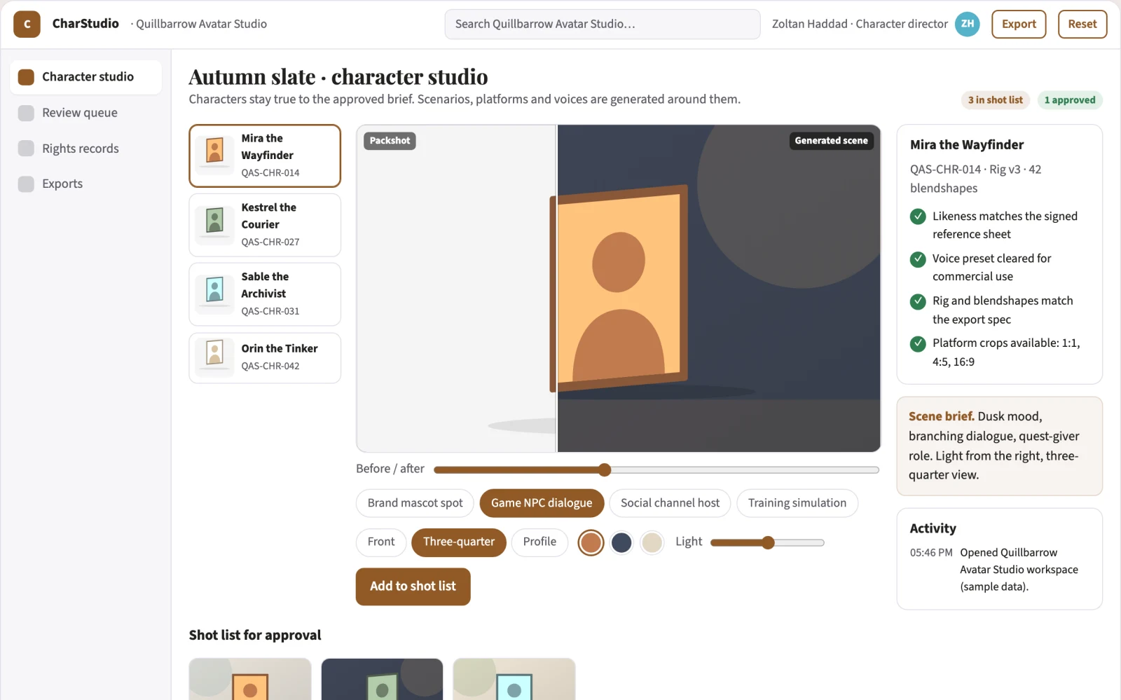 Screenshot of the Interactive character studio with managed creative review interactive demo