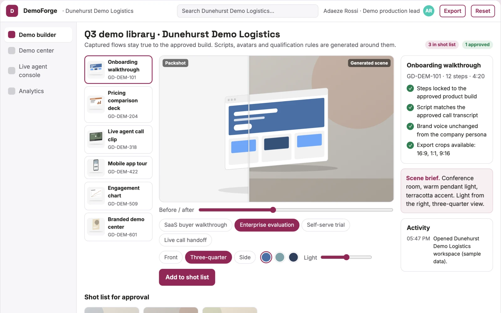 Screenshot of the Interactive demo production and live agent platform interactive demo