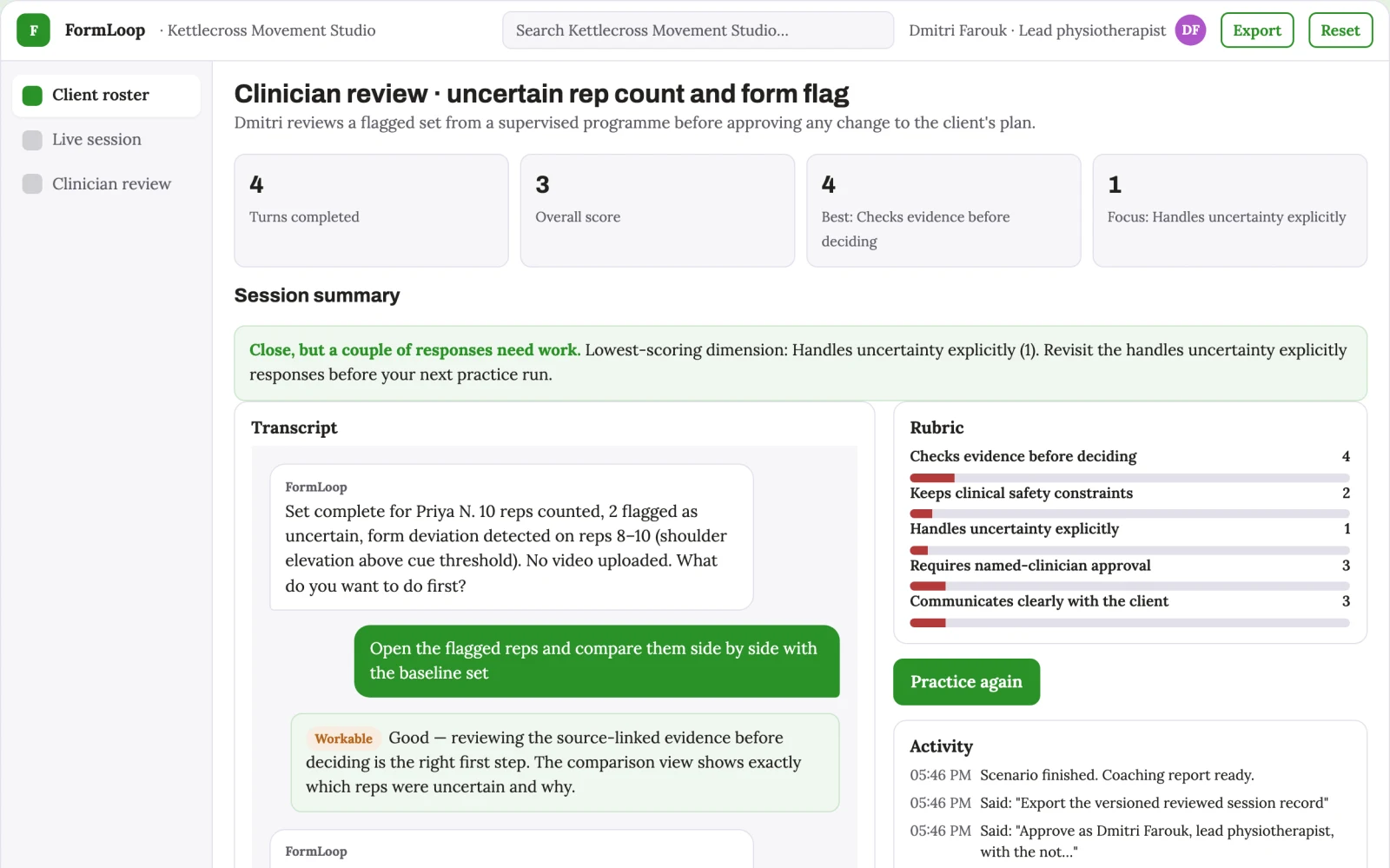 Screenshot of the Interactive movement coaching and practice workshop platform interactive demo