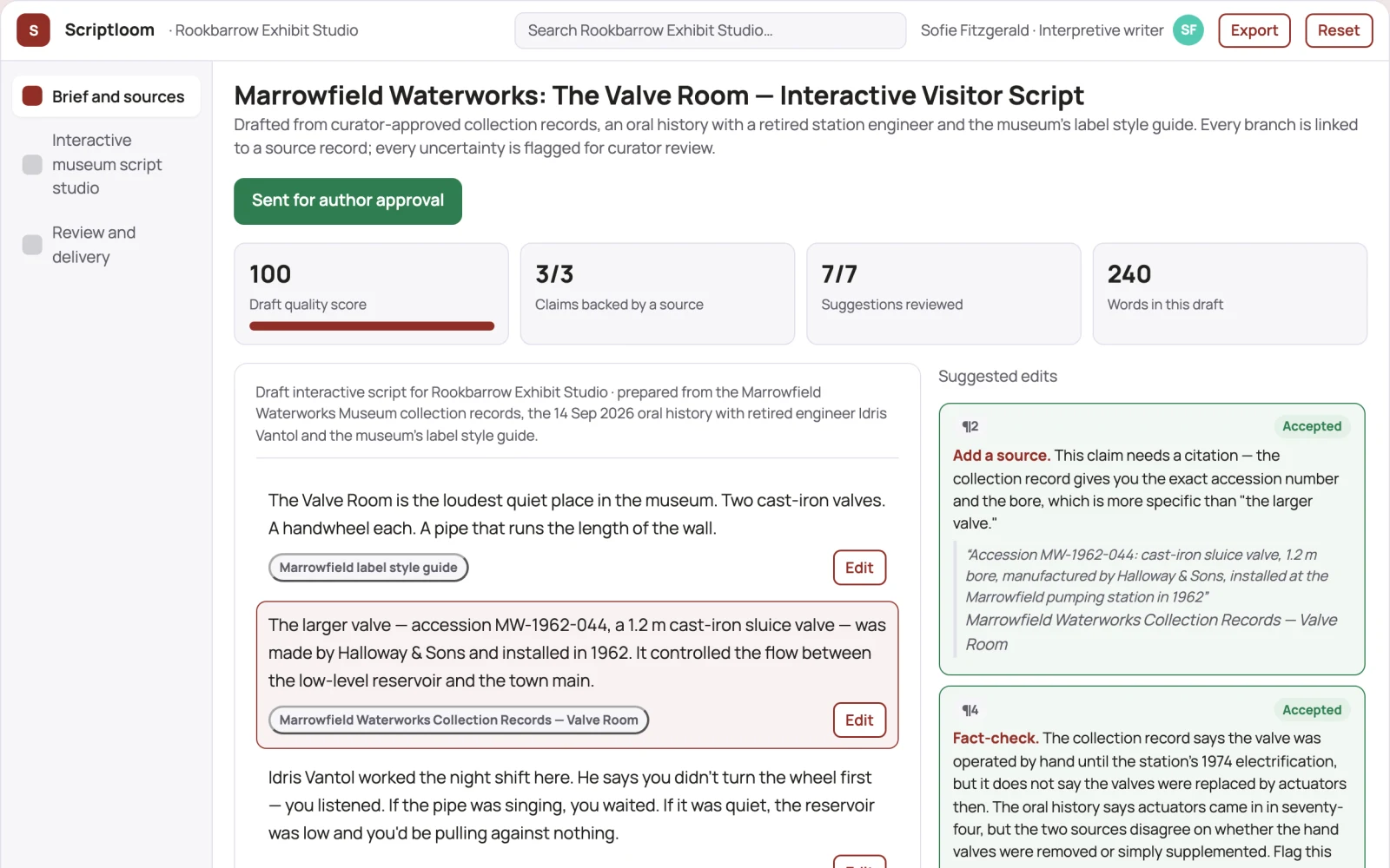Screenshot of the Interactive museum script studio interactive demo