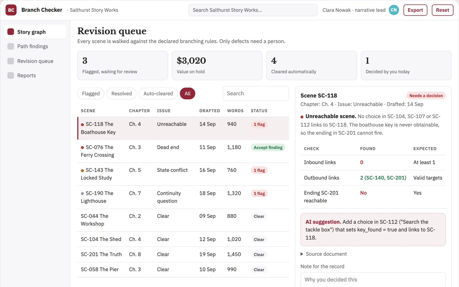Screenshot of the Interactive narrative branch checker interactive demo