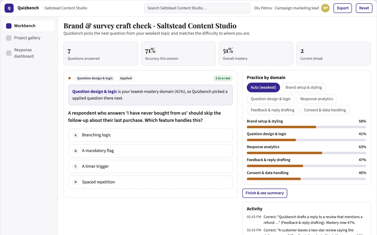 Screenshot of the Interactive quiz, survey and feedback workbench interactive demo