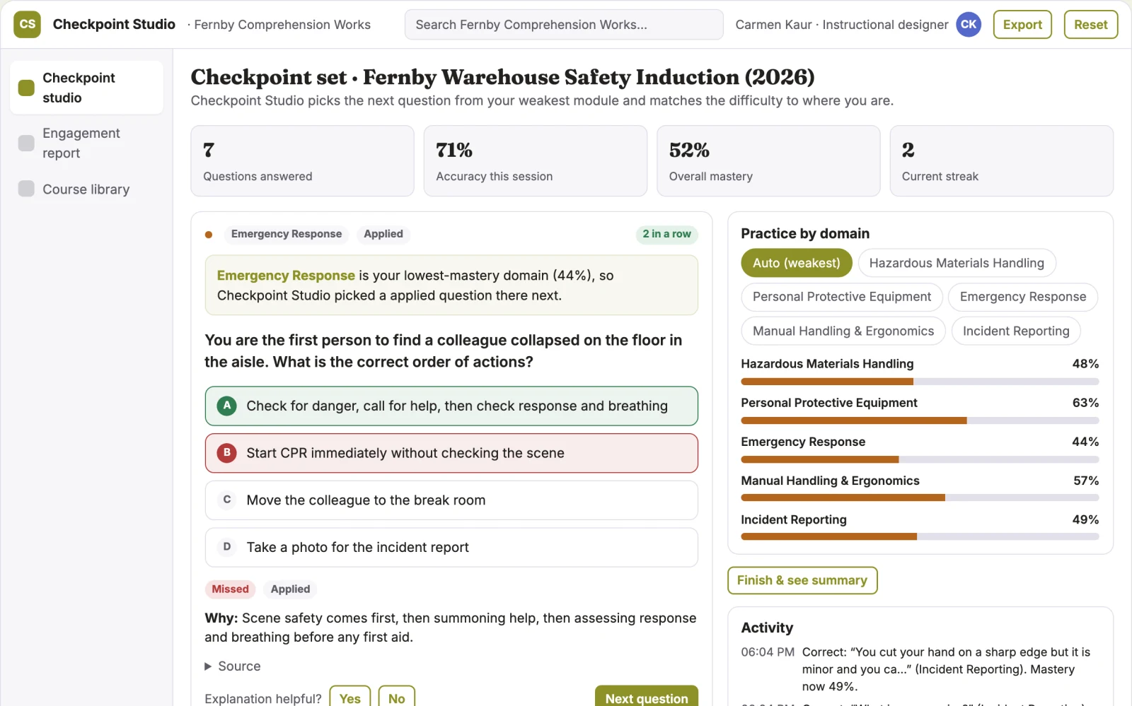 Screenshot of the Interactive video and document learning checkpoint studio interactive demo