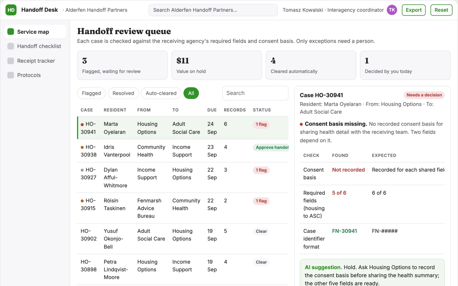 Screenshot of the Interagency case handoff checklist interactive demo