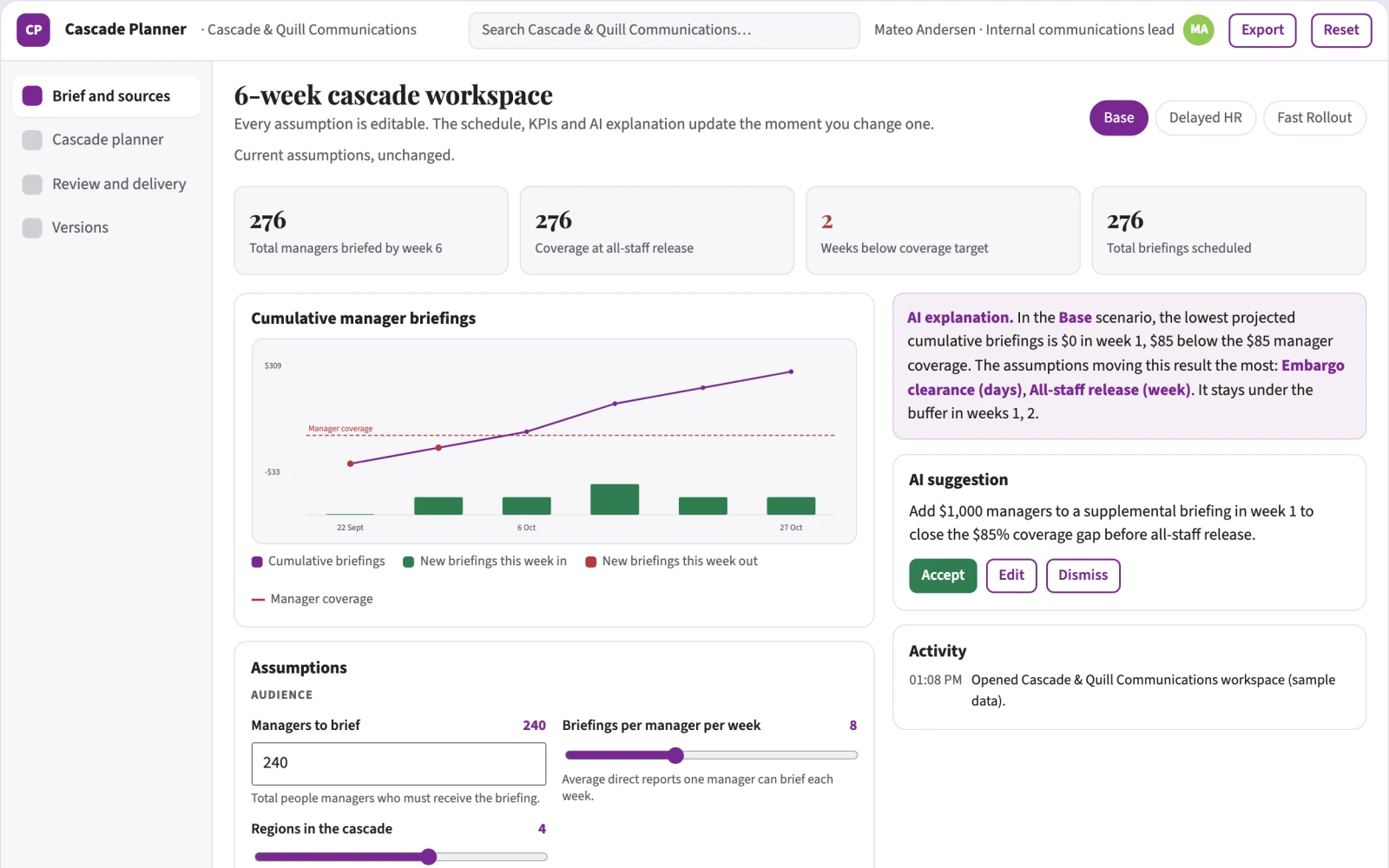 Screenshot of the Internal announcement cascade planner interactive demo