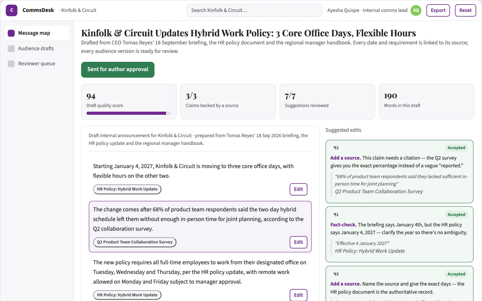 Screenshot of the Internal communications assistant interactive demo