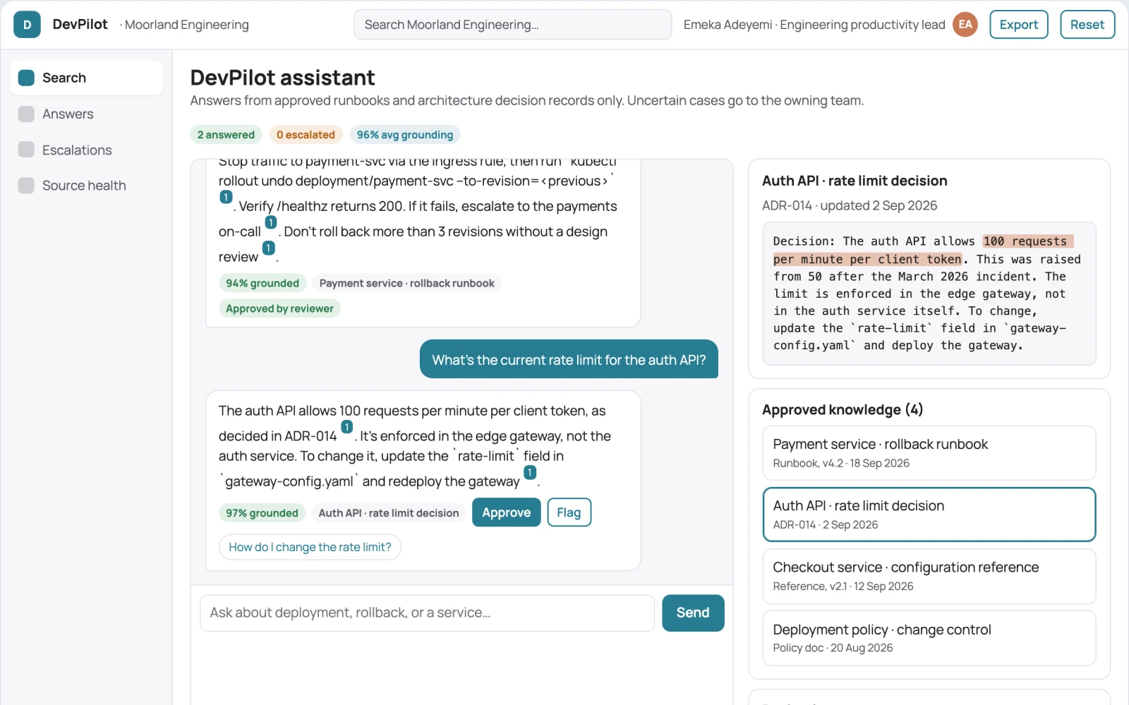 Demo screen of Internal developer knowledge assistant
